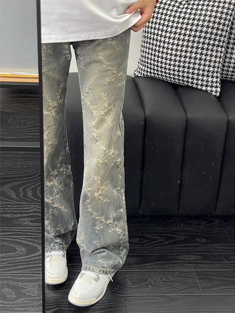 复古蓝提花弯刀牛仔裤男款秋冬美式高街vibe裤子显瘦直筒微喇长裤,男装牛仔裤,星座1008