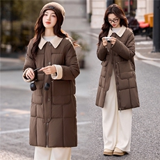 现货冬装新款简约时尚保暖休闲拼接中长款棉服棉衣外套，女装棉衣/棉服，韩美纤衣