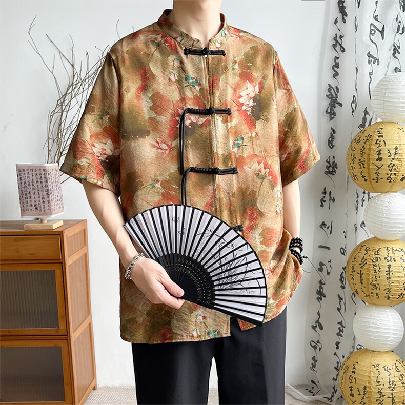 新中式提花风潮T恤短袖大码花色盆扣汉服时尚唐装T2411-P58,男装T恤,电商A227