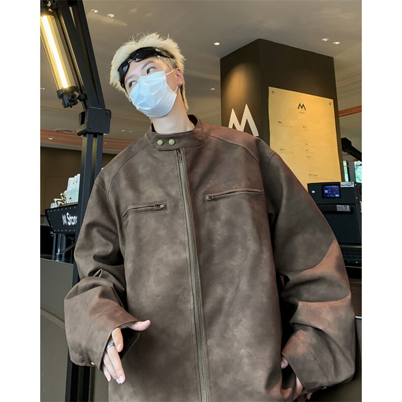 港风秋款男立领皮夹克渐变色织带扎染皮拉链口袋JK173P78,男装夹克,星座1013-1