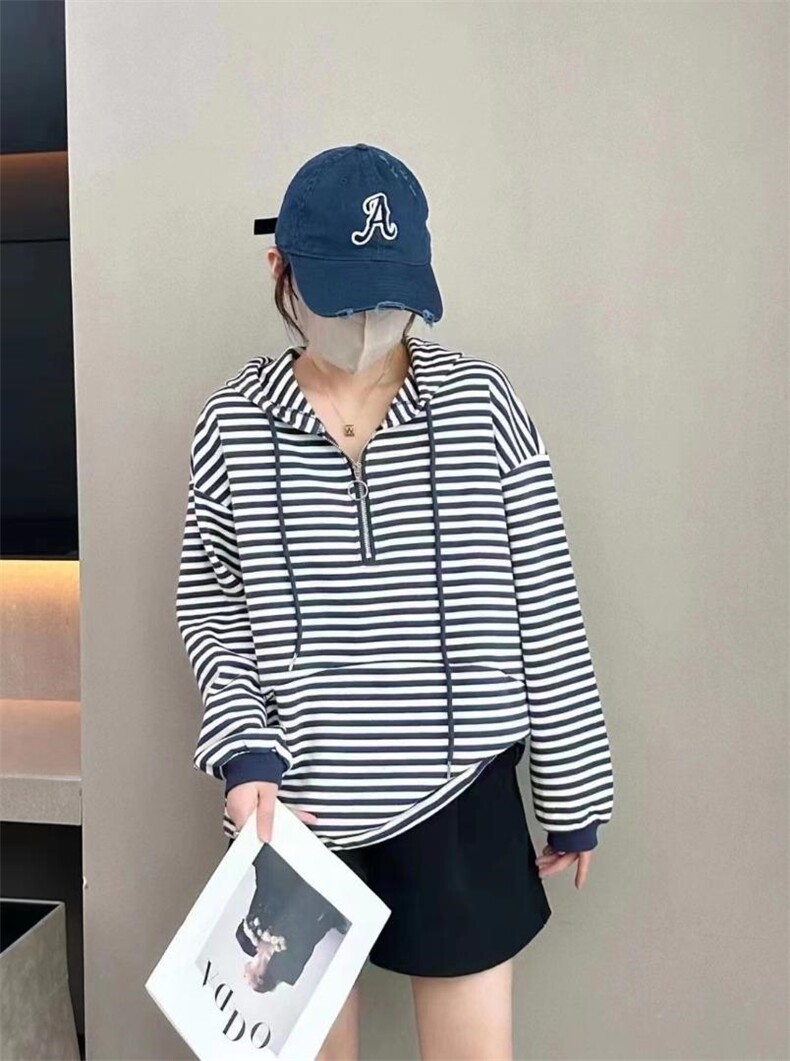 早春新款宽松休闲条纹连帽卫衣，女装卫衣/绒衫，那简