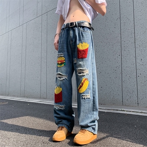 新款破洞牛仔裤男夏季薄款印花设计美式潮牌裤子图片