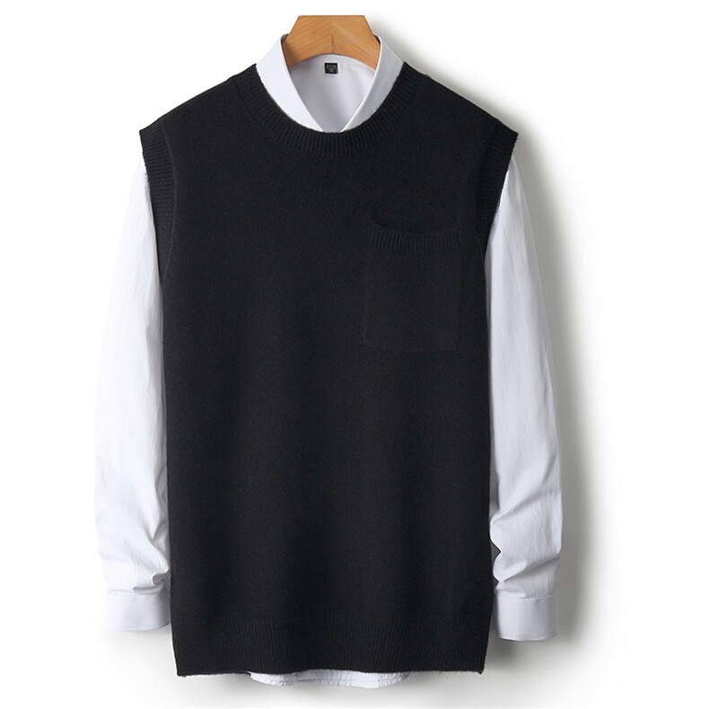 坎肩带兜加厚圆领纯色时尚都市2024年秋季马甲，男装羊绒背心，玉景羊绒