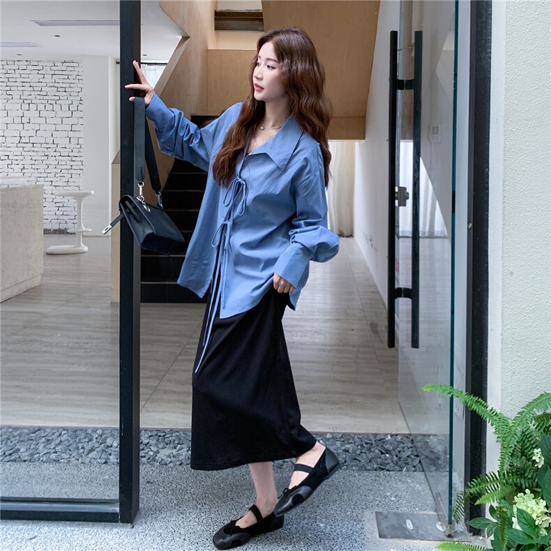 蓝色松弛感系带蝴蝶结长袖衬衫套装2025秋季减龄A字裙日系两件套,女装套装/套裙,2C198