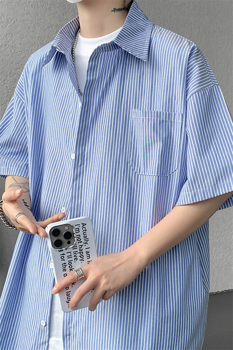 8XL-M条纹短袖衬衫男夏季宽松慵懒风痞帅大码衬衣外套DC28001P40,男装衬衫,电商B312