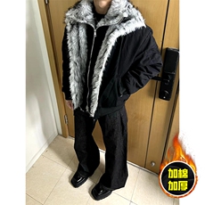 现货高品质美式高街重磅狼王座山雕毛毛领假两件棉衣加厚棉服外套，男装棉衣，电商A486-1