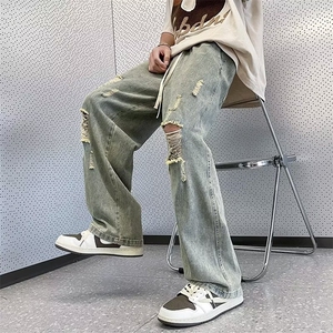 欧美高街风拉链水洗做旧破洞牛仔裤男女N0036-P45图片