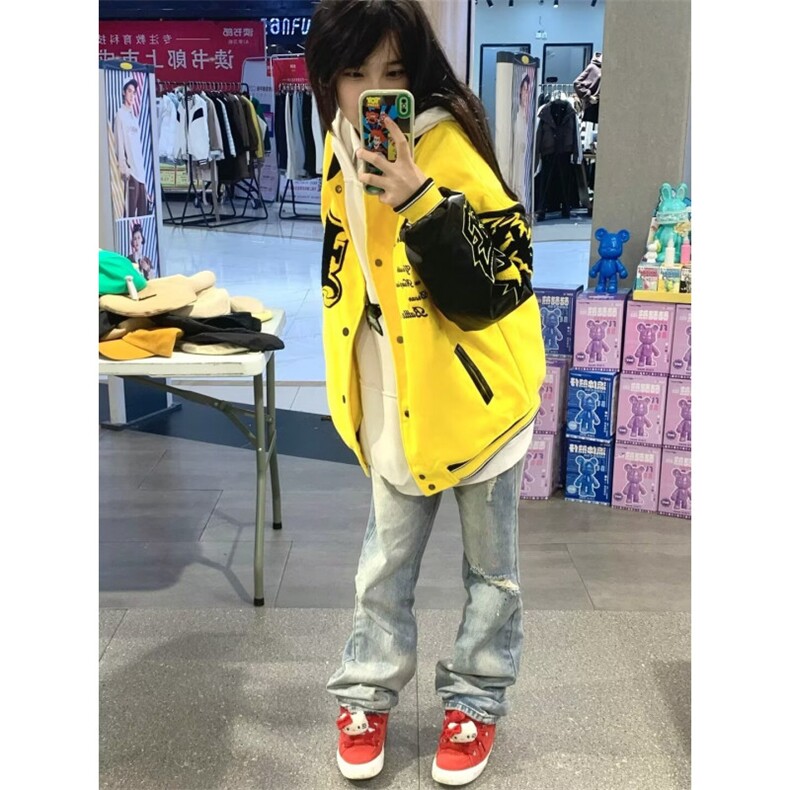 1506-1/JJC0061/P64美式复古火焰字母刺绣pu皮拼接棒球服男女百搭，男装皮衣，星座1506-1