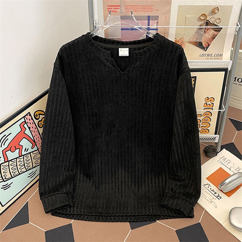 美式高街千鸟格子长袖T恤男女亨利V领英伦雅痞休闲宽松长袖打底衫，男装T恤，电商A486