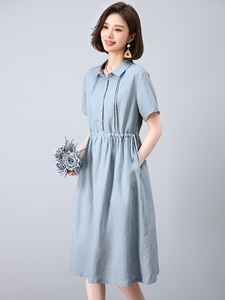 天丝亚麻抽绳收腰显瘦连衣裙女夏宽松大码洋气减龄中年妈妈40岁50图片