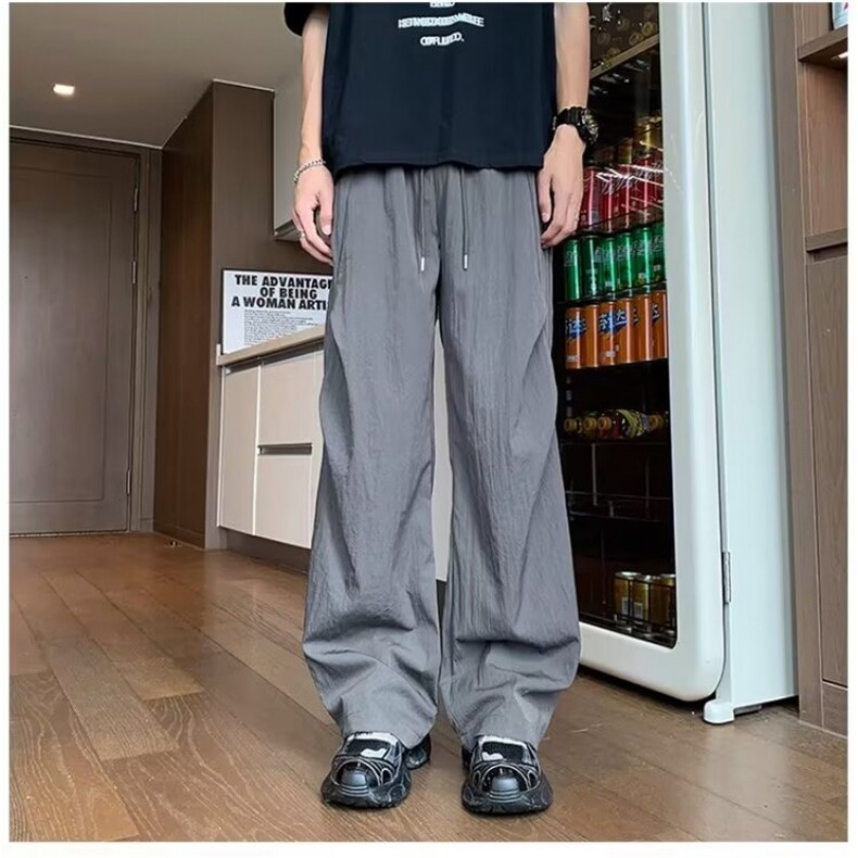 冰丝休闲裤子男夏季宽松直筒垂感美式潮流运动薄款阔腿长裤子图片