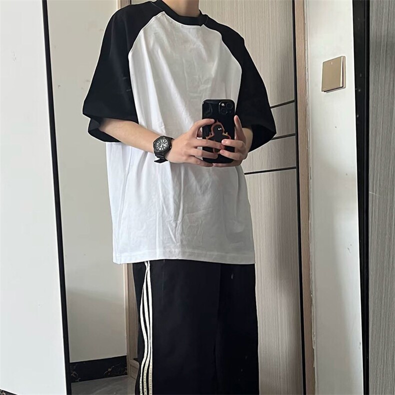 抖音得物高品质二开240克宽松纯棉美式潮牌插肩袖拼接短袖T恤,男装T恤,电商A486-1