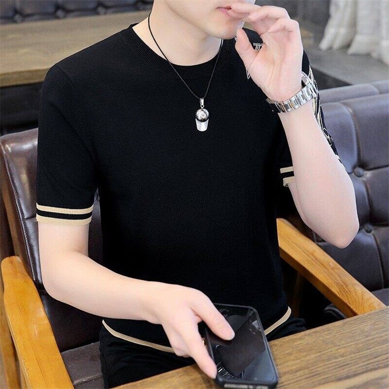 7917-P55夏季休闲时尚短袖毛衣男打底衫欧货T恤潮牌针织衫，男装T恤，电商D310B-1