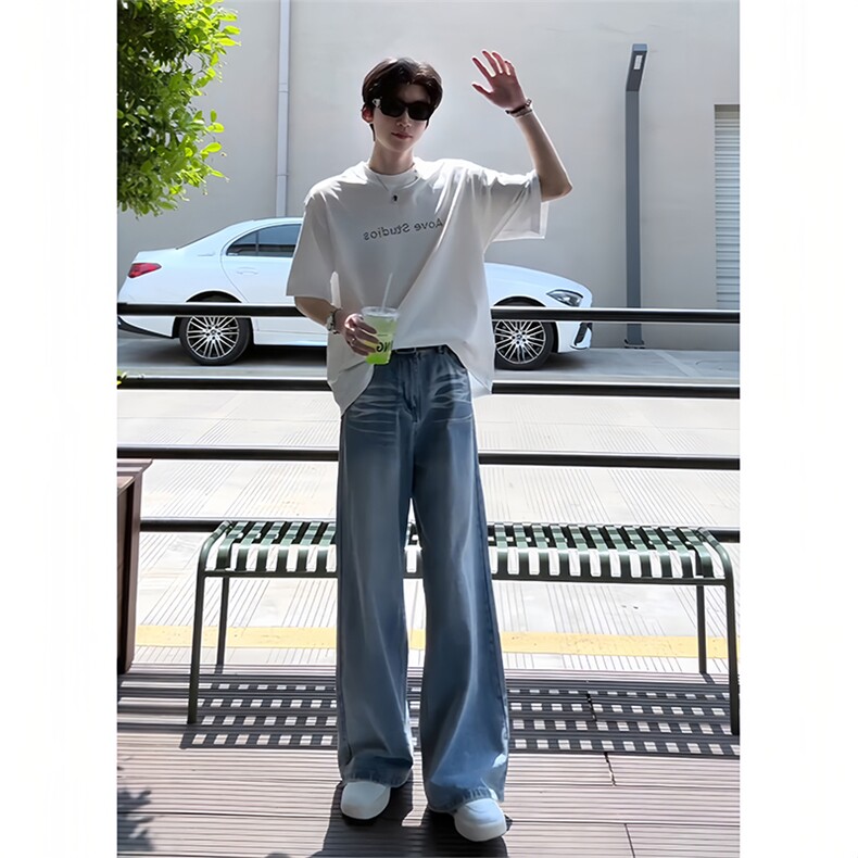 现货!港风新款2025潮流百搭直筒宽松大码牛仔裤松紧腰NZ6156-P40，男装牛仔裤，星座1103-2