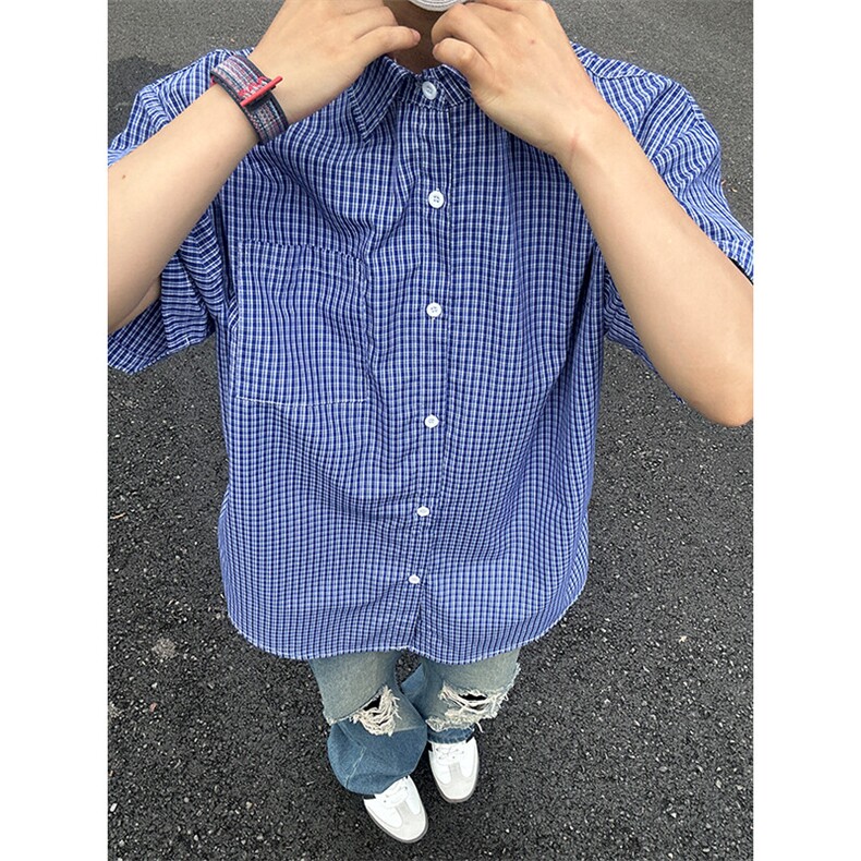 格子衬衫春夏美式短袖衬衫港风情侣装休闲衬衣CS286-P30,男装T恤,星座301C-5