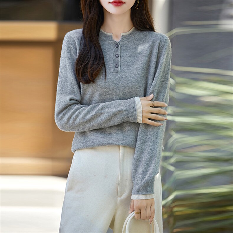 秋冬半开圆领羊毛衫女时尚百搭拼接毛衣拼色针织打底上衣,女装羊毛衫,鹿一羊绒