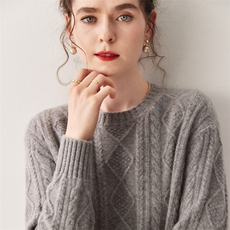 宽松慵懒复古麻花菱形山羊绒衫女减龄2025秋冬加厚圆领针织大毛衣，女装羊绒衫，绒创羊绒