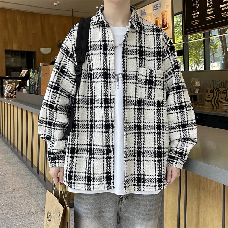 春季外套港风男大皂大码小香风衬衫宽松毛呢格子长袖A012/854p55,男装衬衫,电商A012