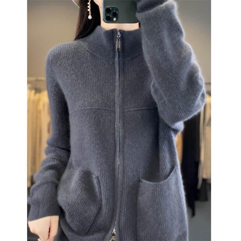 100%纯羊毛开衫女半高领双拉链外套秋冬款宽松毛衣羊绒衫针织上衣，女装羊毛衫，昭美羊绒