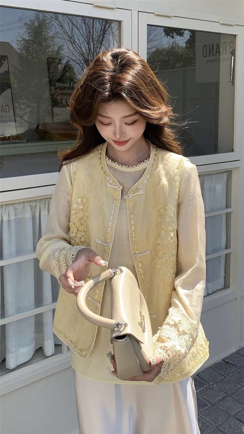 高端亚麻提花刺绣国风马甲女2025春夏新款高级感气质上衣钉珠衬衫,女装马甲,浙宝208A