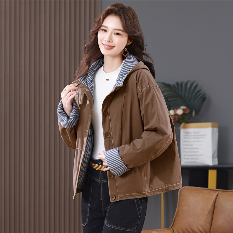 2025年冬季新款条纹拼接连帽棉服加厚保暖外套,女装棉衣/棉服,忆绮罗