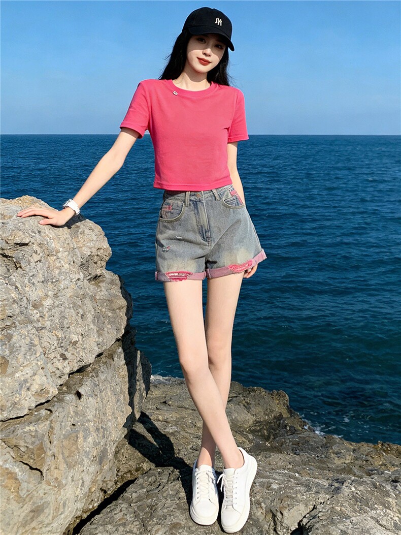韩版休闲时尚套装女夏新款玫红色圆领短袖上衣破洞牛仔短裤两件套,女装套装/套裙,江南