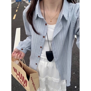 TC582-P45韩版气质竖条纹翻领衬衫女装长袖宽松开衫polo防晒上衣图片