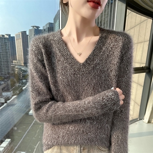 宽松加厚显瘦V领貂绒衫花纱女毛衣2025新款秋冬打底针织羊毛衫图片