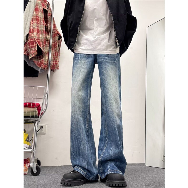 25年新款潮流设计感闪电裂纹水洗牛仔裤美式复古直筒微喇裤子男，男装牛仔裤，星座601-1