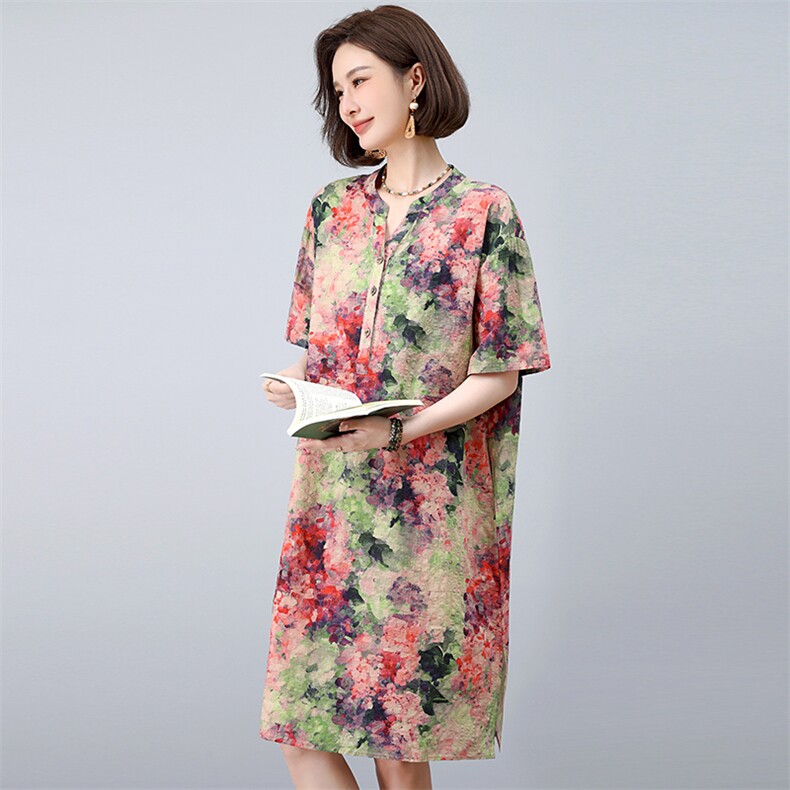 中年妈妈棉麻碎花连衣裙女夏新款宽松休闲遮肚子大码显瘦减龄裙子,女装连衣裙,独衣靓