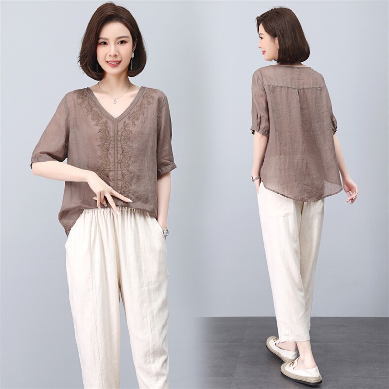 中年妈妈套装女夏季2023新款时尚宽松气质刺绣两件套苎麻短袖T恤,女装套装/套裙,涵誉