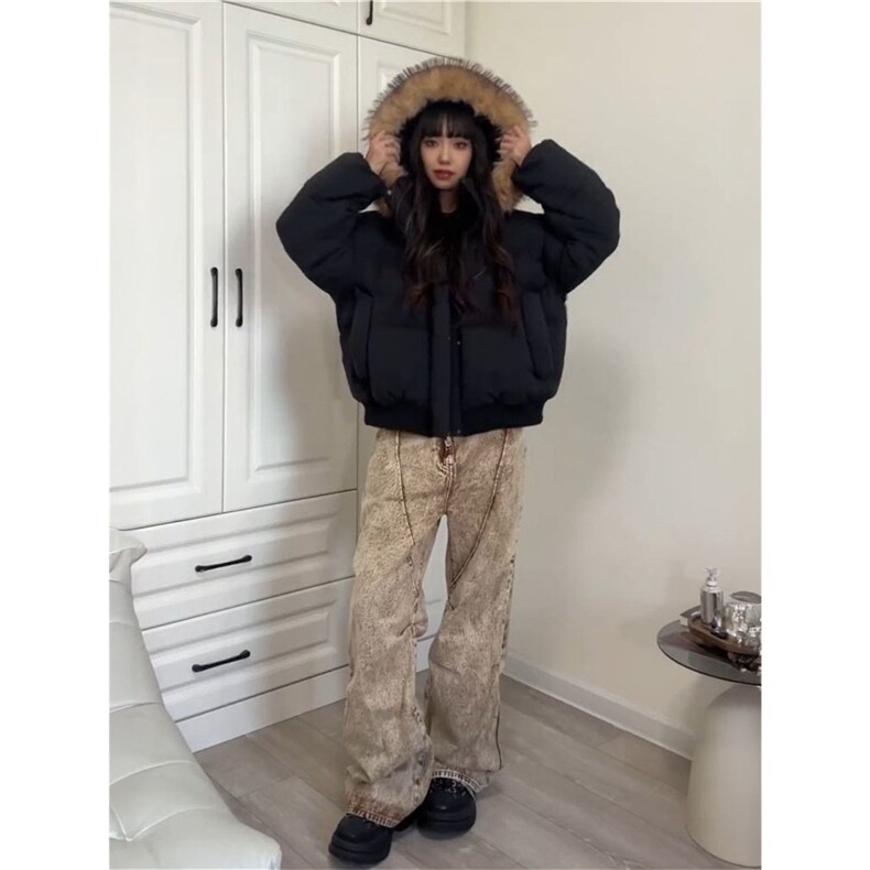 韩版甜美大毛领连帽黑色派克服棉袄女冬季保暖加厚美式面包服外套,男装棉衣,星座1210-1