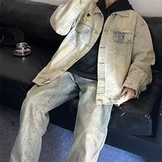复古水洗做旧破洞牛仔外套男士春秋美式宽松高街翻领夹克JW105，男装工装外套，星座1116A-1（原606A）