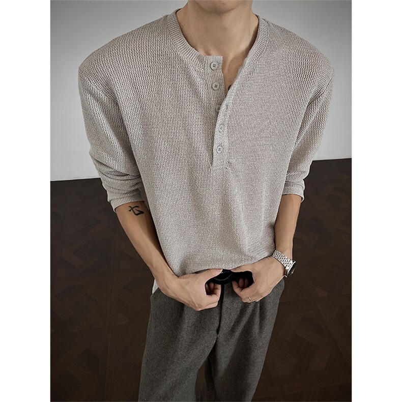 纹理感亨利领针织衫老钱风宽松打底衫长袖T恤男T24519-特P35控68，男装T恤，电商A001-1