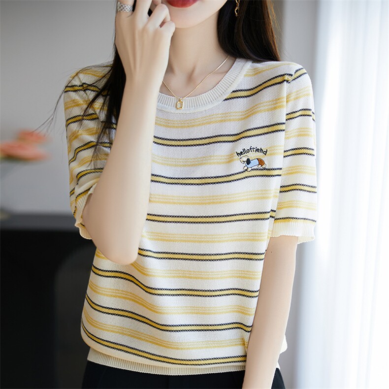 100%莱赛尔天丝针织短袖女圆领条纹刺绣小狗宽松T恤拼色显瘦上衣图片