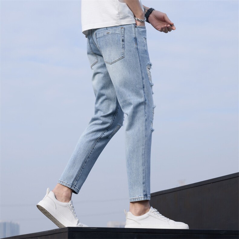 2025春季新款男士破洞牛仔裤蓝灰色修身小脚九分裤T819-P45,男装牛仔裤,星座1006-1