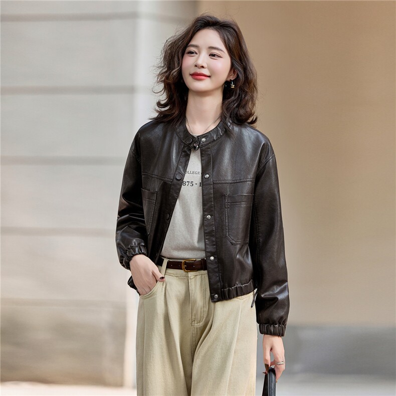 帅气酷飒风立领皮衣外套女2025秋季新款高级感休闲百搭皮夹克上衣,女装皮衣,臻衣坊