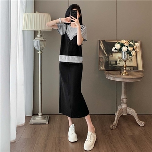 韩版休闲时尚运动套装女夏款蕾丝吊带拼接上衣开叉半身长裙两件套图片
