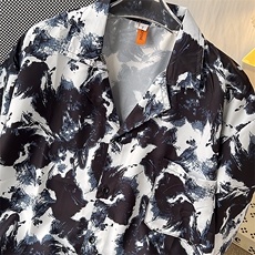 港风夏款男短袖衬衫扎染印花冰丝水墨画古巴领宽松衬衣CS309P30，男装衬衫，星座1013-1