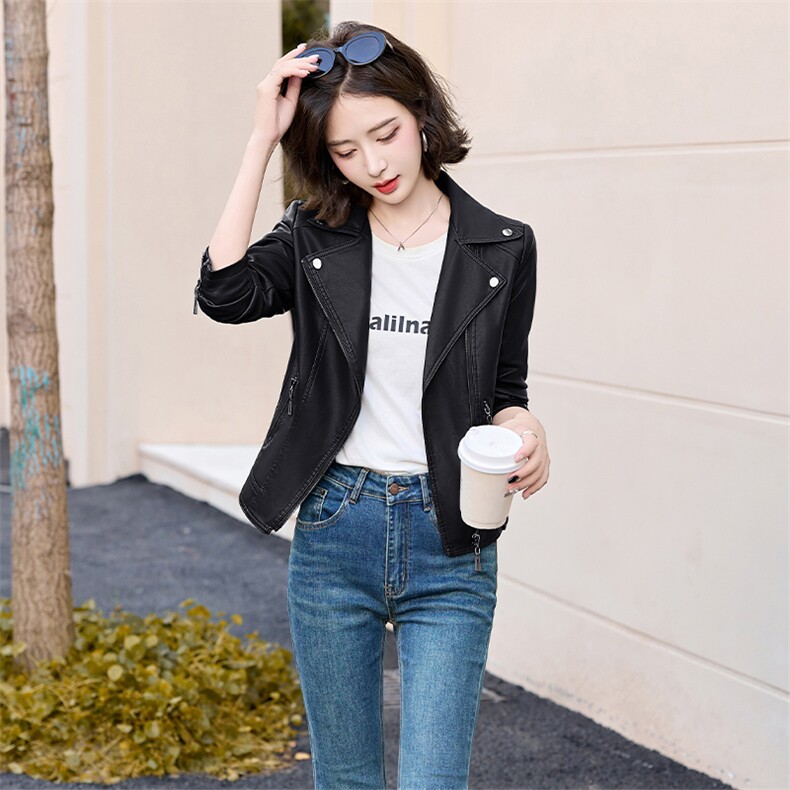 现货仿真皮外套女短款2024春秋新款时尚宽松显瘦机车皮夹克上衣,女装皮衣,江南女神