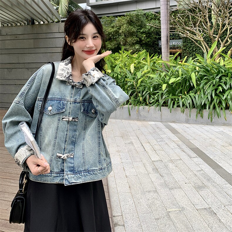2024年春季【现货新款】气质时尚新中式风水墨画牛仔拼接牛仔外套，女装牛仔外套，浙宝220