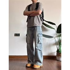 潮牌做旧水洗浅色重工多口袋工装裤男宽松阔腿牛仔裤AM829P60，男装牛仔裤，星座1013-5