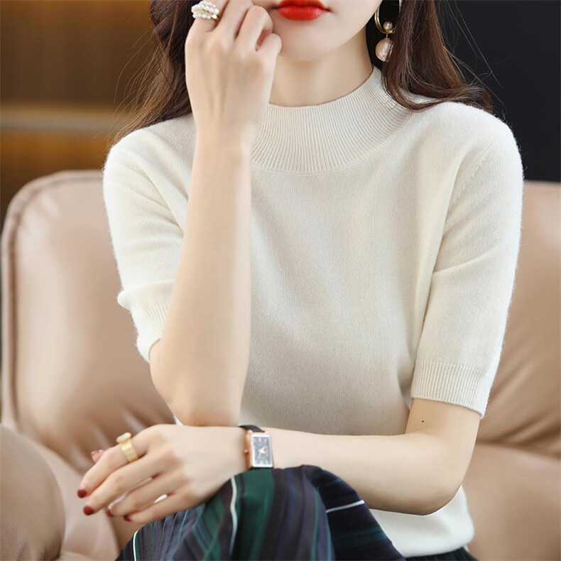 春夏热卖宽松百搭羊毛衣短袖女士大码圆领纯色打底衫针织T恤薄款图片