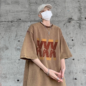 B239-X1026-P38 美式 字母 做旧水洗短袖落肩袖短袖T恤男图片