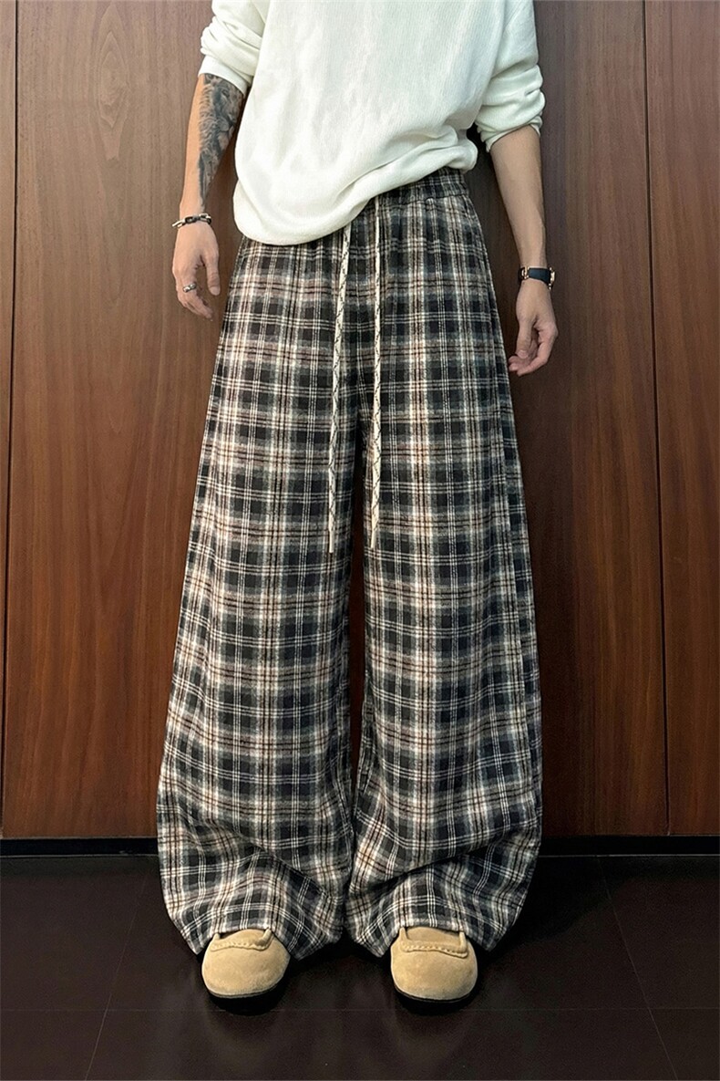 撞色格子休闲裤慵懒风松弛感日系直筒阔腿裤男C62206-TP3059,男装休闲裤,电商A102