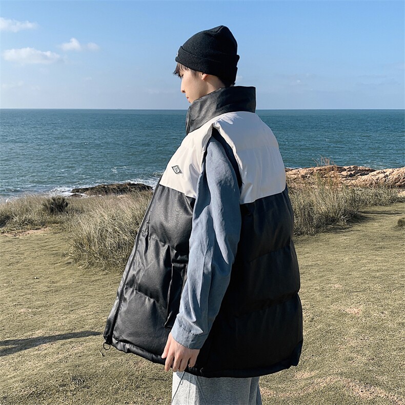 2026秋冬装羽绒棉马甲男加厚拼色立领PU皮坎肩MJ17588/P85白色3，女装马甲，电商A094