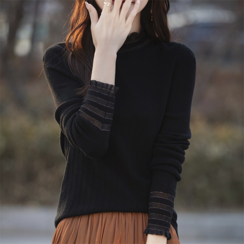 高级感打底衫2025春季蕾丝花边上衣女内搭半高领镂空针织衫羊毛衫,女装羊毛衫,戎美山