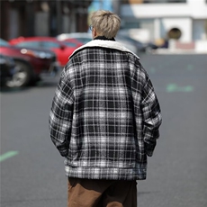 黑色羊羔毛外套男冬季美式高街格子棉服加绒保暖棉衣TT9017P68，男装棉衣，星座1013-5