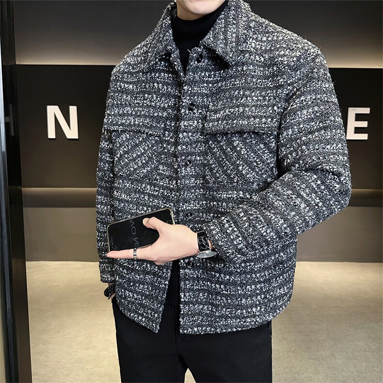 新标90绒 店主风新款男士翻领格子羽绒服小香风外套 6801-P295图片