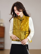 现货春季新款新中式洋气缎面拼接小立领马甲+刺绣缎面衬衫两件套，女装套装/套裙，央宝儿